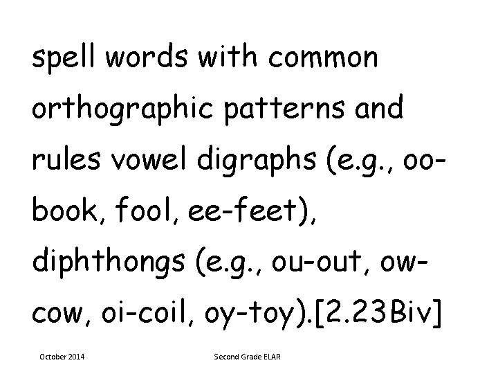 spell words with common orthographic patterns and rules vowel digraphs (e. g. , oobook,