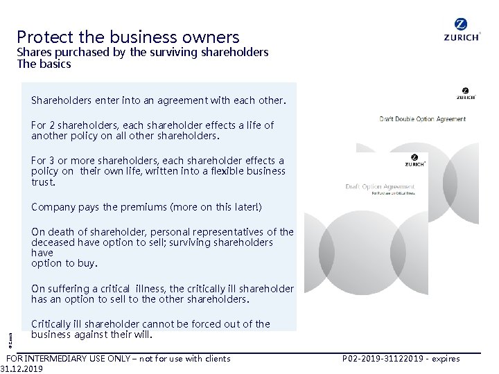 Protect the business owners Shares purchased by the surviving shareholders The basics Shareholders enter