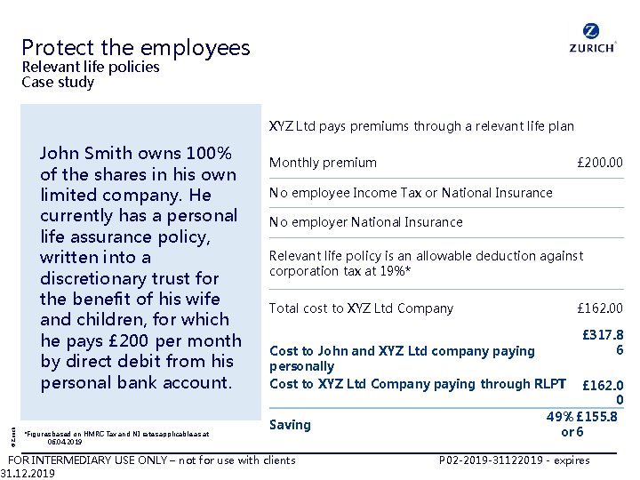 Protect the employees Relevant life policies Case study XYZ Ltd pays premiums through a