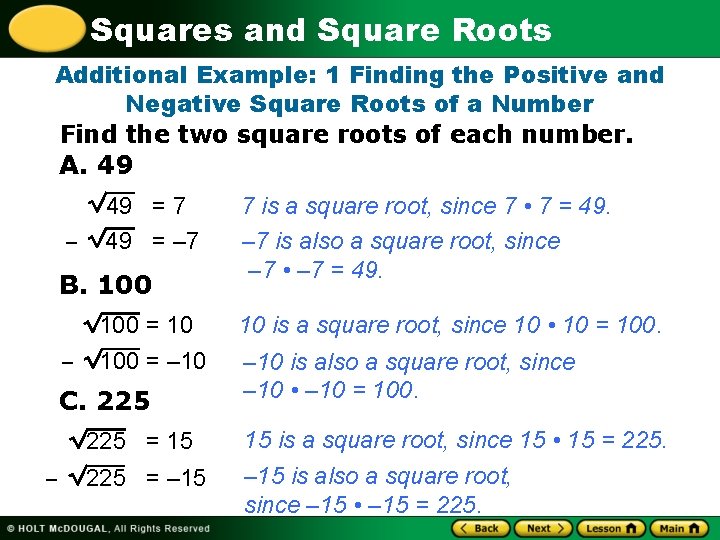 Squares and Square Roots Additional Example: 1 Finding the Positive and Negative Square Roots