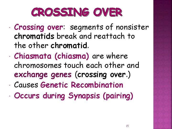 CROSSING OVER Crossing over: over segments of nonsister chromatids break and reattach to the