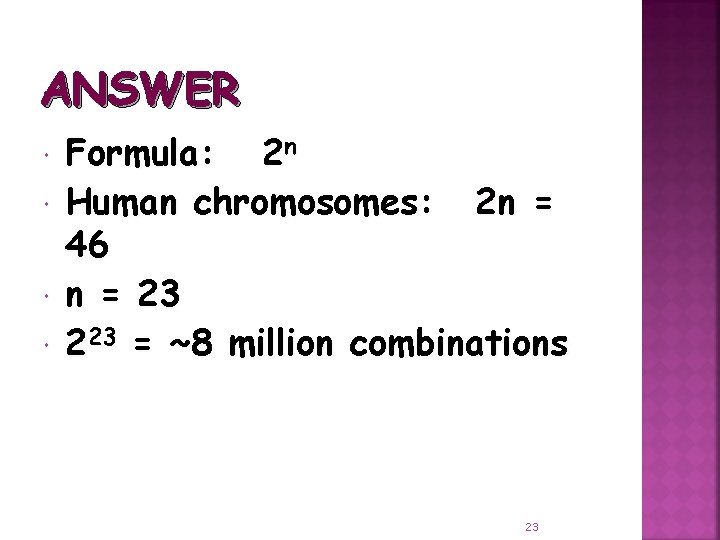ANSWER Formula: 2 n Human chromosomes: 2 n = 46 n = 23 223