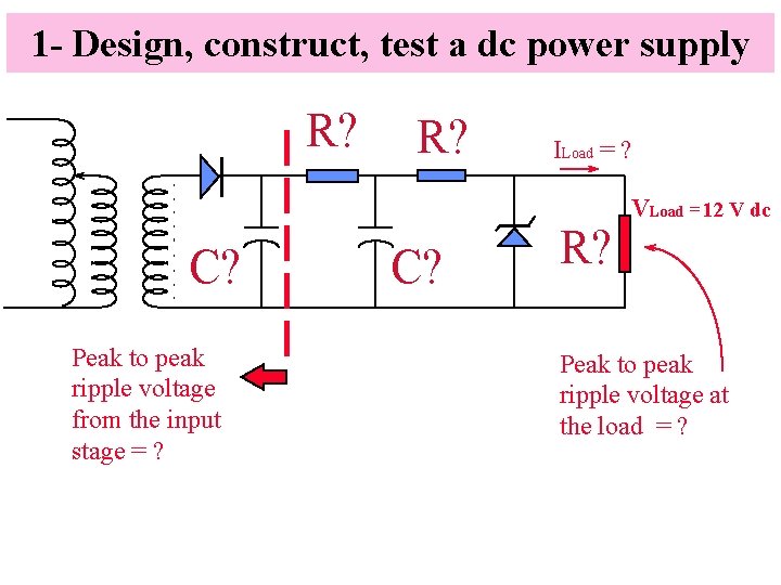 1 - Design, construct, test a dc power supply R? C? Peak to peak