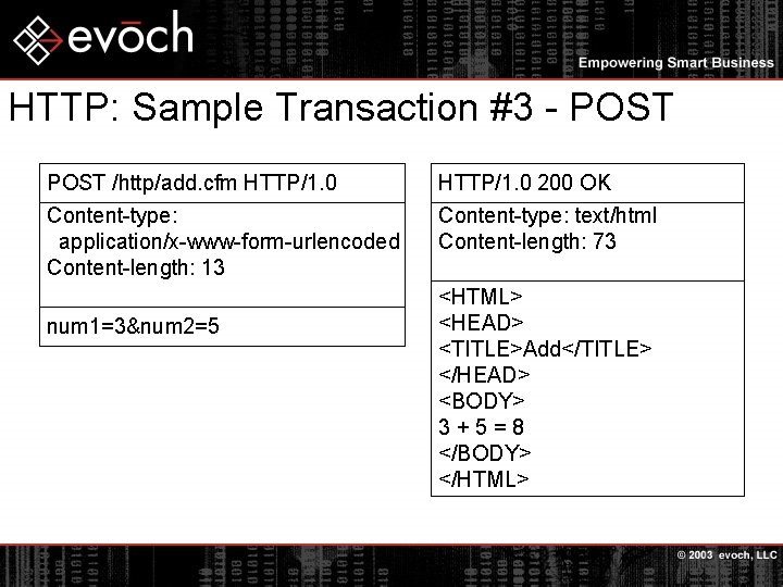HTTP: Sample Transaction #3 - POST /http/add. cfm HTTP/1. 0 Content-type: application/x-www-form-urlencoded Content-length: 13
