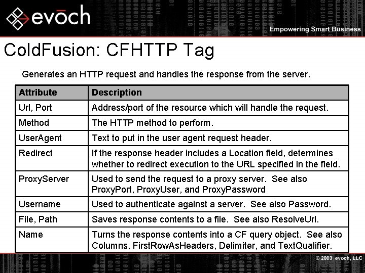 Cold. Fusion: CFHTTP Tag Generates an HTTP request and handles the response from the