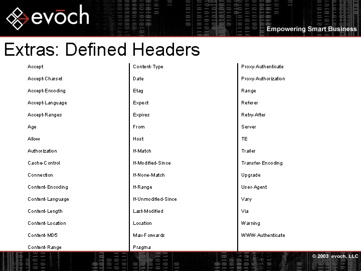 Extras: Defined Headers Accept Content-Type Proxy-Authenticate Accept-Charset Date Proxy-Authorization Accept-Encoding Etag Range Accept-Language Expect