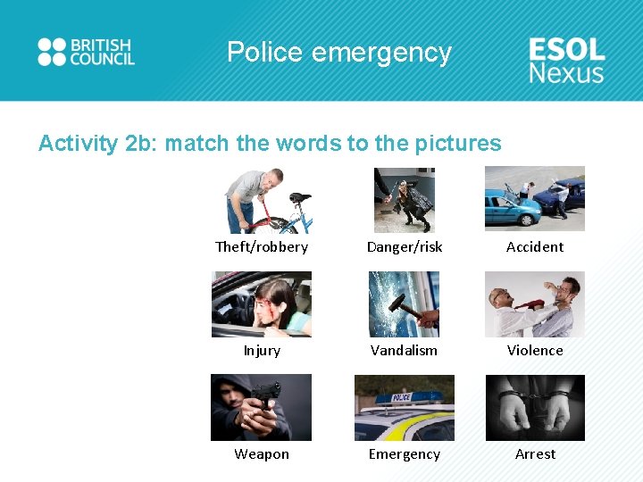 Police emergency Activity 2 b: match the words to the pictures Theft/robbery Danger/risk Accident
