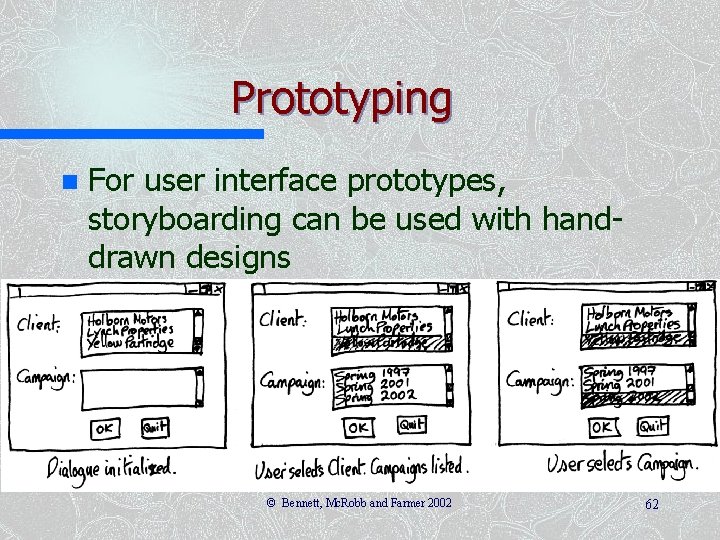 Prototyping n For user interface prototypes, storyboarding can be used with handdrawn designs ©