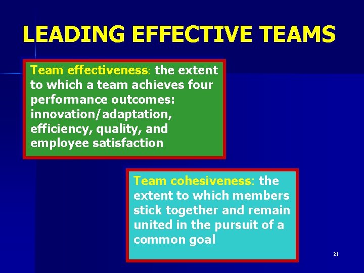 LEADING EFFECTIVE TEAMS Team effectiveness: the extent to which a team achieves four performance