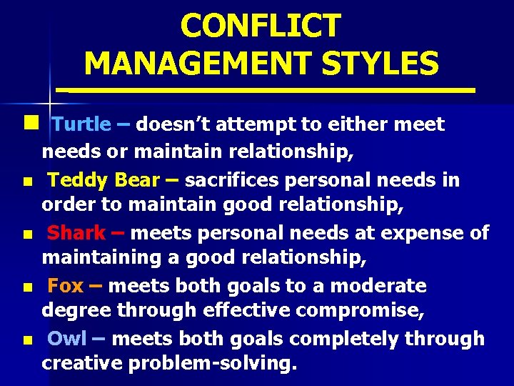 CONFLICT MANAGEMENT STYLES n Turtle – doesn’t attempt to either meet n n needs