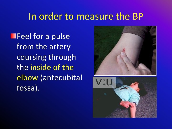In order to measure the BP Feel for a pulse from the artery coursing