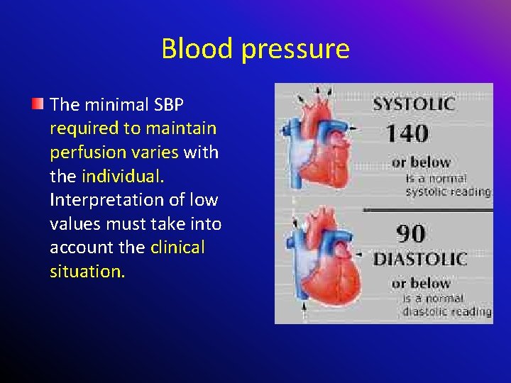 Blood pressure The minimal SBP required to maintain perfusion varies with the individual. Interpretation