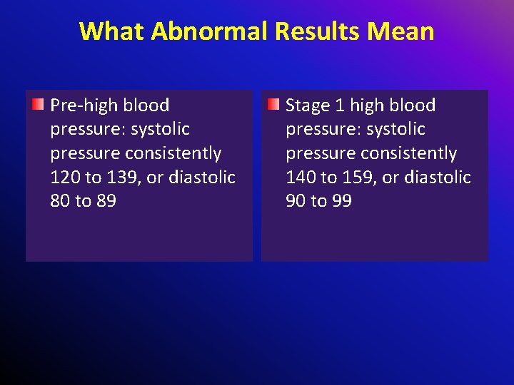 What Abnormal Results Mean Pre-high blood pressure: systolic pressure consistently 120 to 139, or