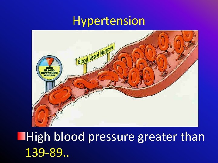 Hypertension High blood pressure greater than 139 -89. . 