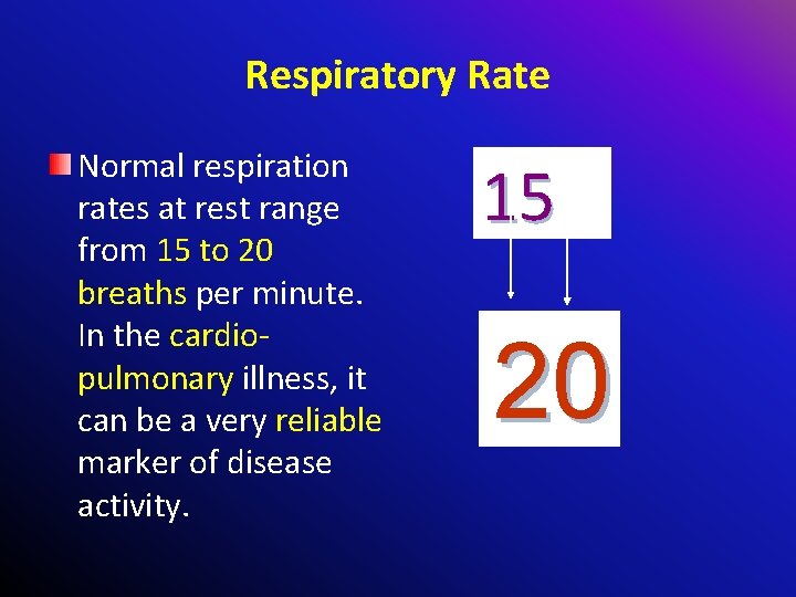 Respiratory Rate Normal respiration rates at rest range from 15 to 20 breaths per