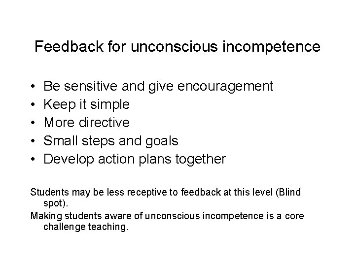 Feedback for unconscious incompetence • • • Be sensitive and give encouragement Keep it Feedback for unconscious incompetence • • • Be sensitive and give encouragement Keep it