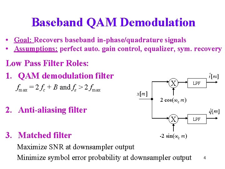 Baseband QAM Demodulation • Goal: Recovers baseband in-phase/quadrature signals • Assumptions: perfect auto. gain