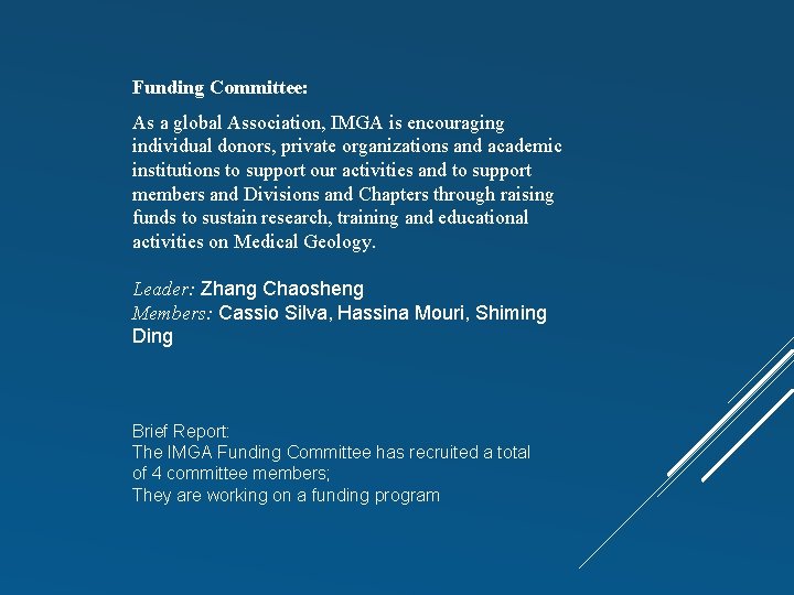 Funding Committee: As a global Association, IMGA is encouraging individual donors, private organizations and