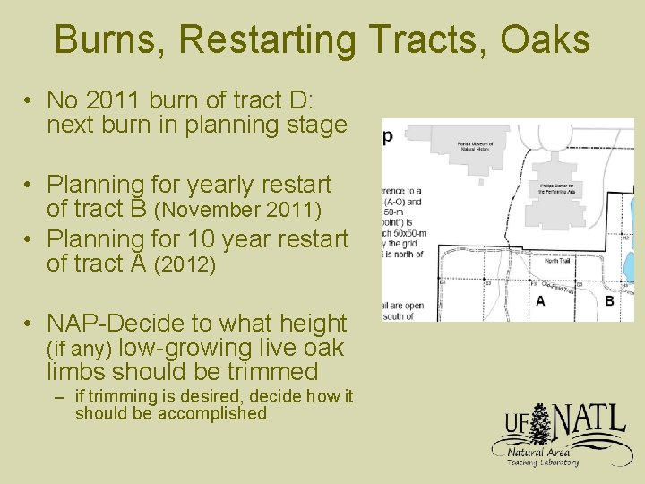 Burns, Restarting Tracts, Oaks • No 2011 burn of tract D: next burn in