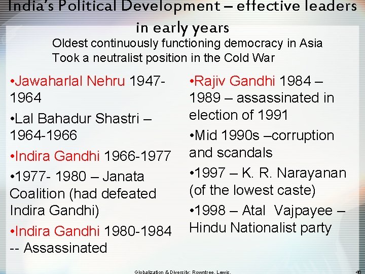 India’s Political Development – effective leaders in early years Oldest continuously functioning democracy in