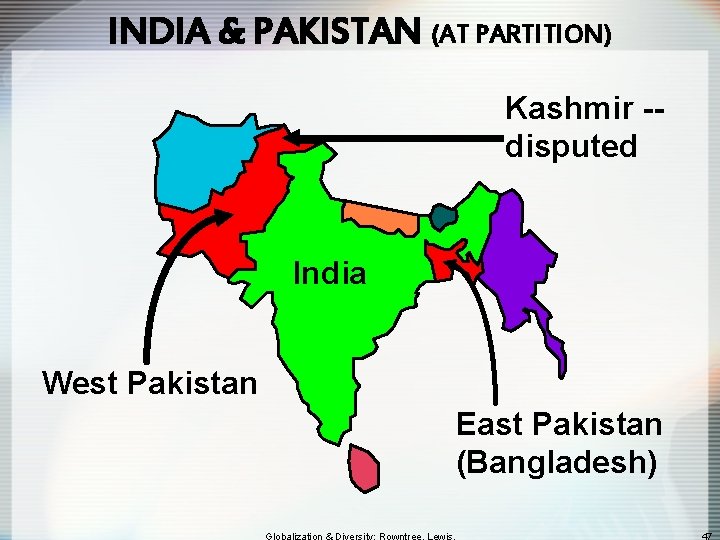 INDIA & PAKISTAN (AT PARTITION) Kashmir -disputed India West Pakistan East Pakistan (Bangladesh) 