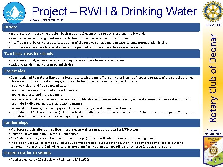 Project – RWH & Drinking Water and sanitation • Water scarcity is a growing