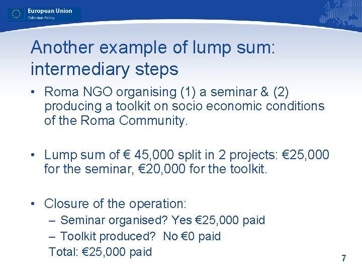 Another example of lump sum: intermediary steps • Roma NGO organising (1) a seminar