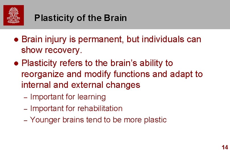 Plasticity of the Brain injury is permanent, but individuals can show recovery. l Plasticity