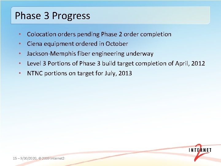 Phase 3 Progress • • • Colocation orders pending Phase 2 order completion Ciena