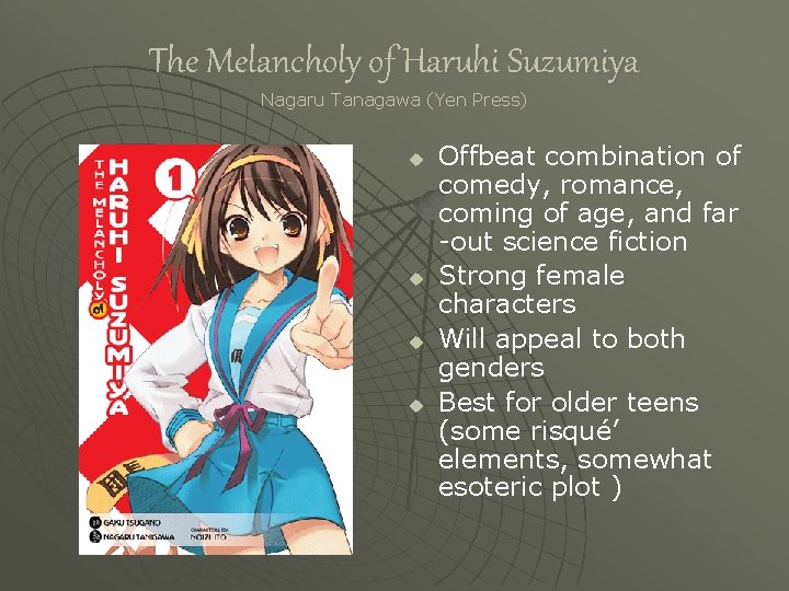 The Melancholy of Haruhi Suzumiya Nagaru Tanagawa (Yen Press) u u Offbeat combination of