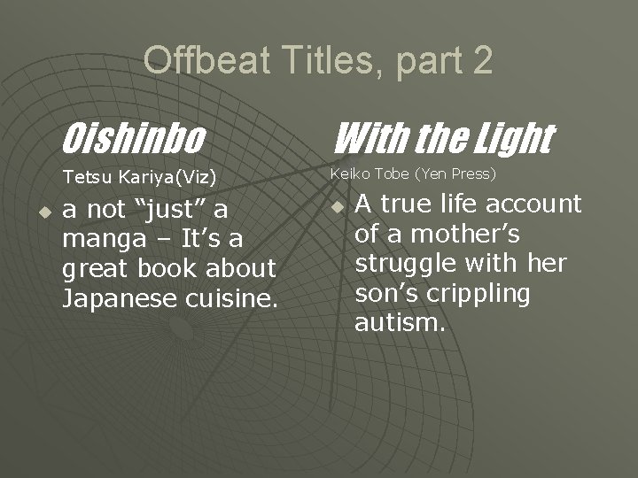 Offbeat Titles, part 2 Oishinbo u With the Light Tetsu Kariya(Viz) Keiko Tobe (Yen