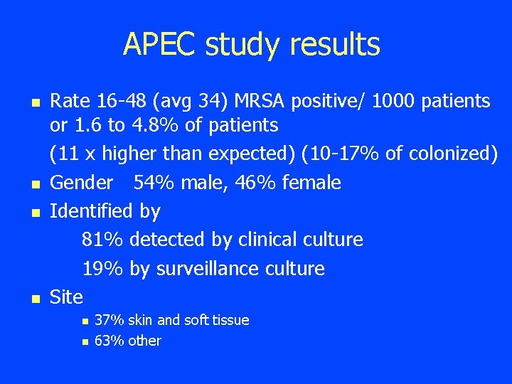 APEC study results n n Rate 16 -48 (avg 34) MRSA positive/ 1000 patients