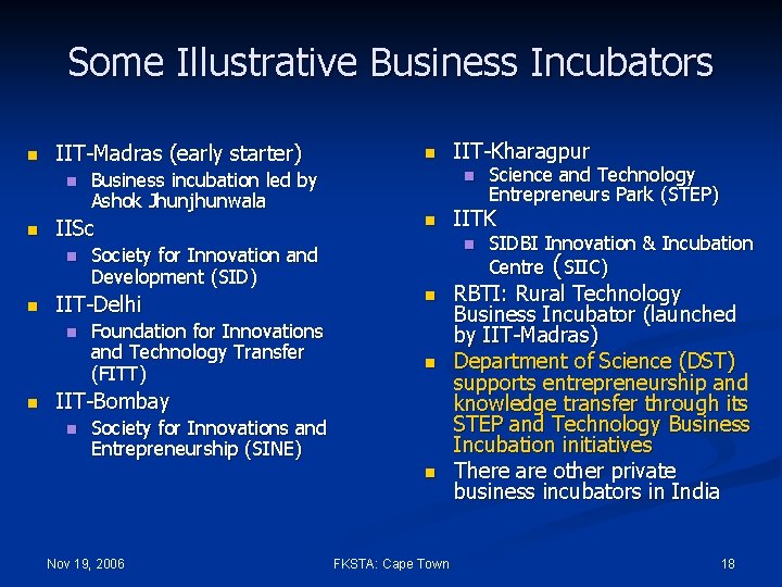 Some Illustrative Business Incubators n IIT-Madras (early starter) n n Foundation for Innovations and