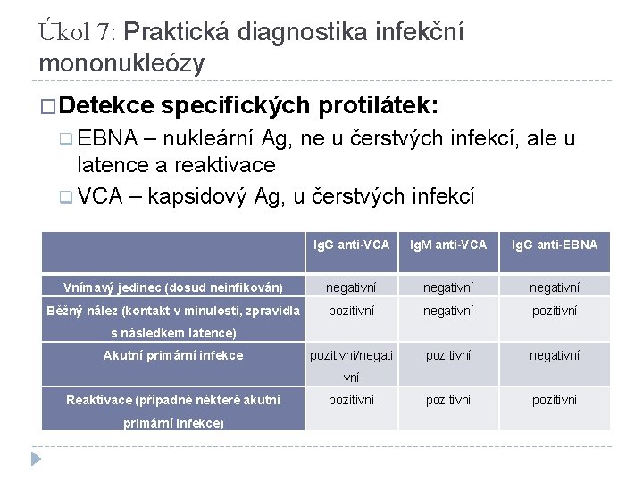 Úkol 7: Praktická diagnostika infekční mononukleózy �Detekce specifických protilátek: q EBNA – nukleární Ag,