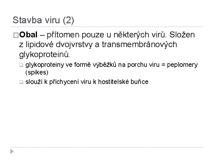 Stavba viru (2) �Obal – přítomen pouze u některých virů. Složen z lipidové dvojvrstvy