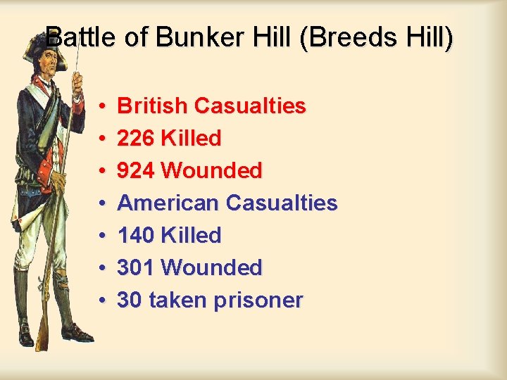 Battle of Bunker Hill (Breeds Hill) • • British Casualties 226 Killed 924 Wounded