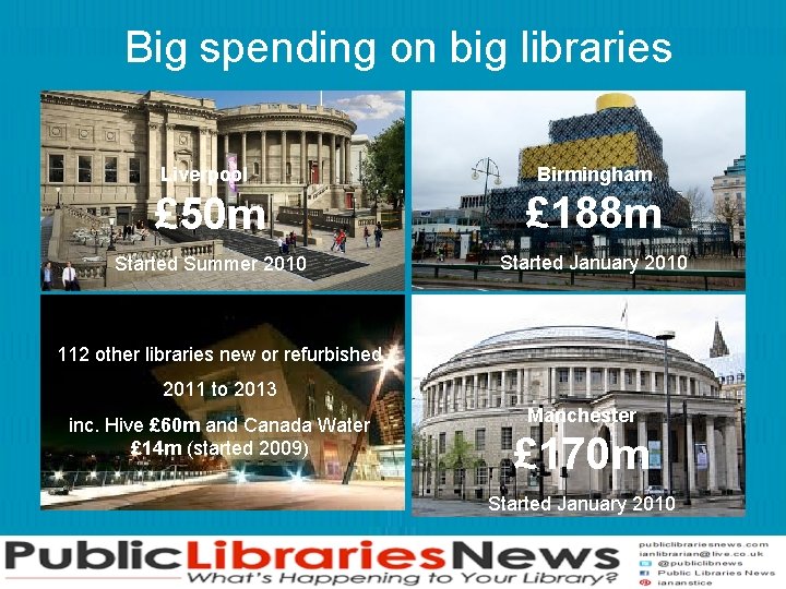 Big spending on big libraries Liverpool Birmingham £ 50 m £ 188 m Started