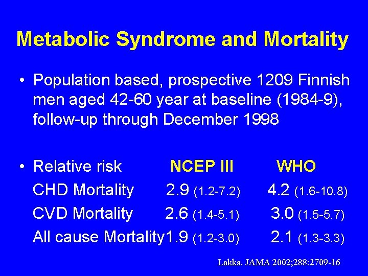 Metabolic Syndrome and Mortality • Population based, prospective 1209 Finnish men aged 42 -60 Metabolic Syndrome and Mortality • Population based, prospective 1209 Finnish men aged 42 -60