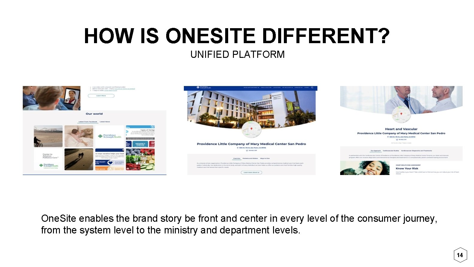 HOW IS ONESITE DIFFERENT? UNIFIED PLATFORM One. Site enables the brand story be front