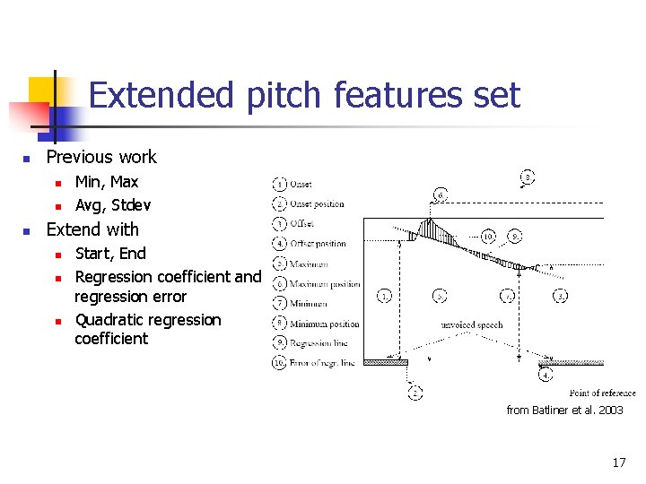 Extended pitch features set n Previous work n n n Min, Max Avg, Stdev Extended pitch features set n Previous work n n n Min, Max Avg, Stdev