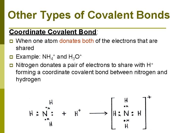 Other Types of Covalent Bonds Coordinate Covalent Bond: p p p When one atom