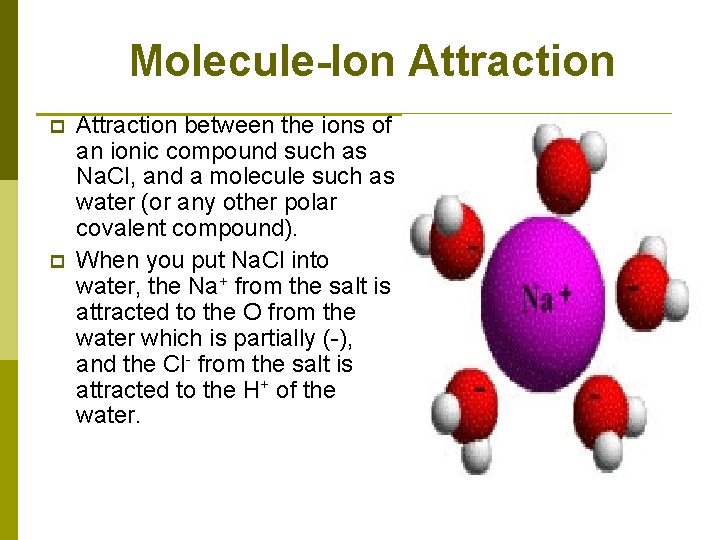 Molecule-Ion Attraction p p Attraction between the ions of an ionic compound such as