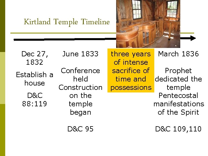 Kirtland Temple Timeline Dec 27, 1832 Establish a house D&C 88: 119 June 1833