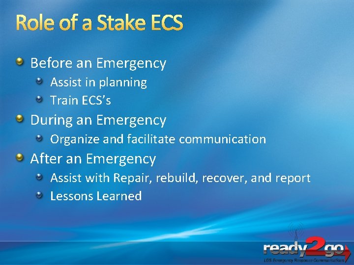 Role of a Stake ECS Before an Emergency Assist in planning Train ECS’s During