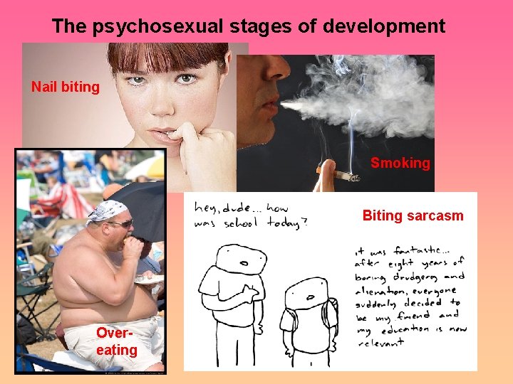 The psychosexual stages of development Nail biting Smoking Biting sarcasm Overeating 