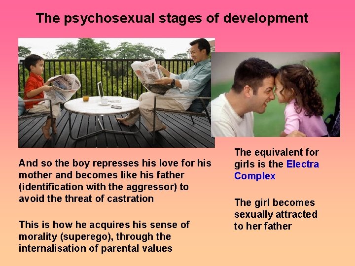 The psychosexual stages of development And so the boy represses his love for his