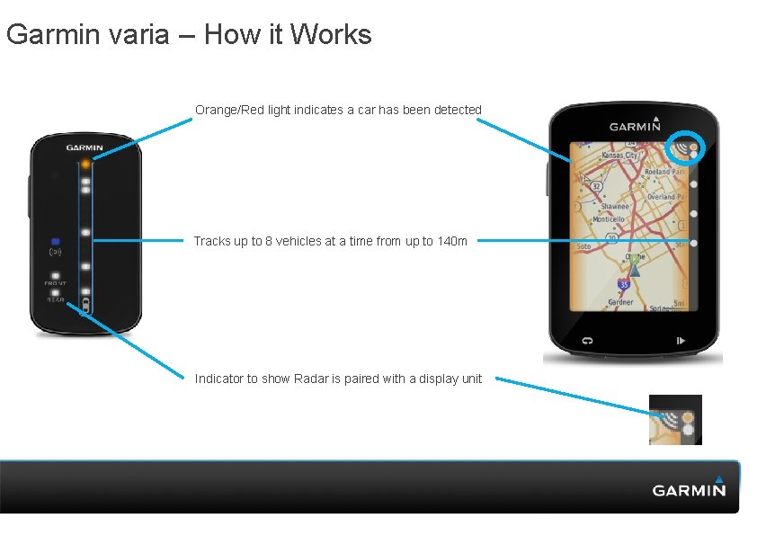 Garmin varia – How it Works Orange/Red light indicates a car has been detected Garmin varia – How it Works Orange/Red light indicates a car has been detected