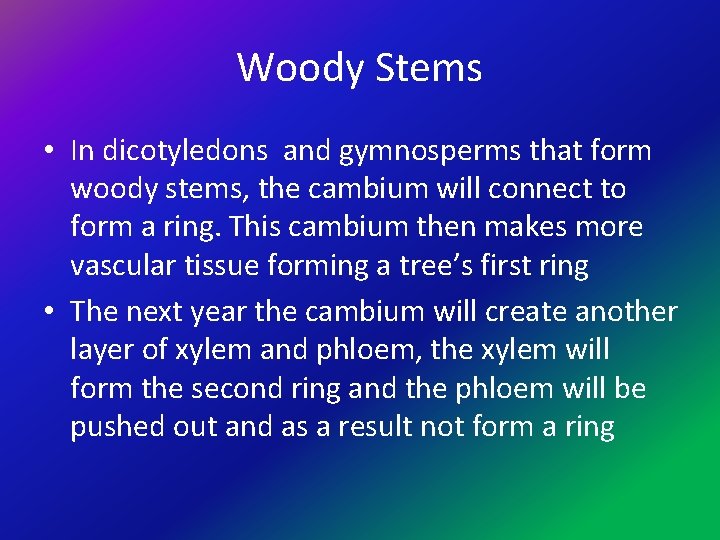 Woody Stems • In dicotyledons and gymnosperms that form woody stems, the cambium will