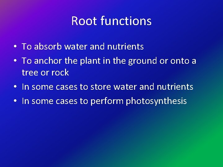Root functions • To absorb water and nutrients • To anchor the plant in
