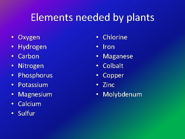 Elements needed by plants • • • Oxygen Hydrogen Carbon Nitrogen Phosphorus Potassium Magnesium
